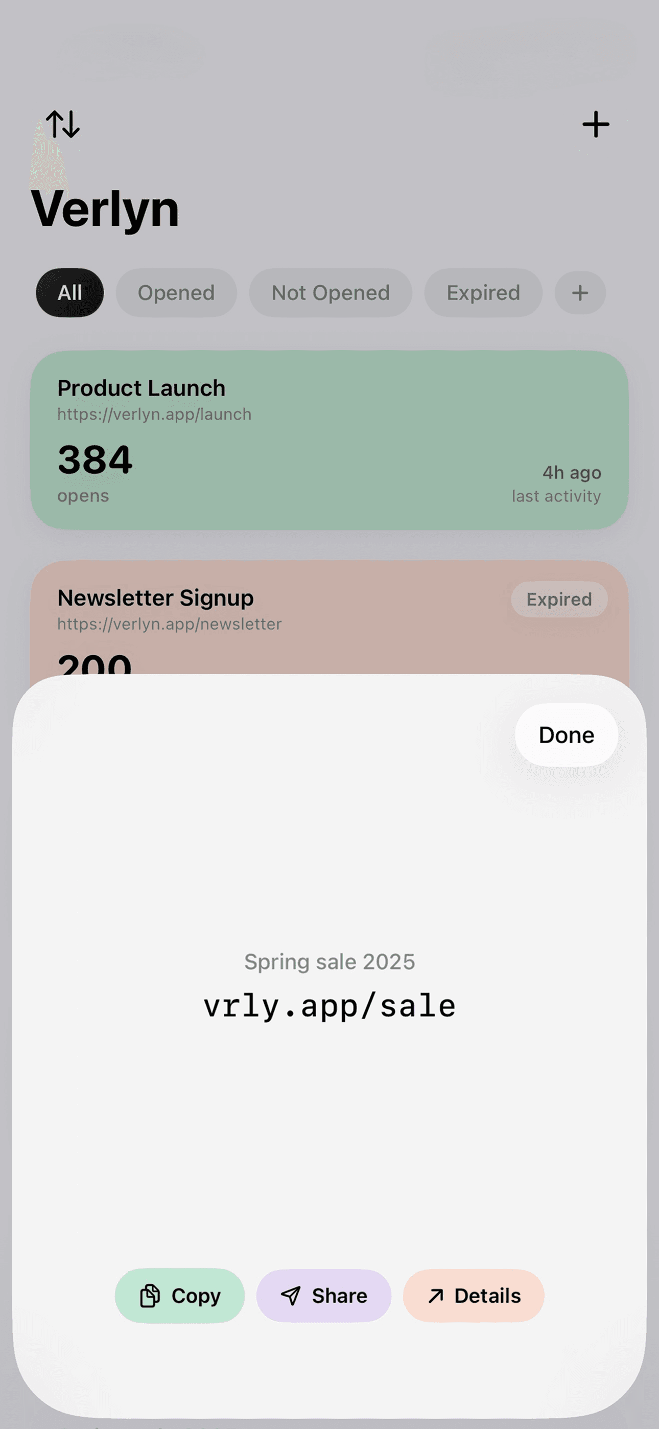 Verlyn short link creation screen